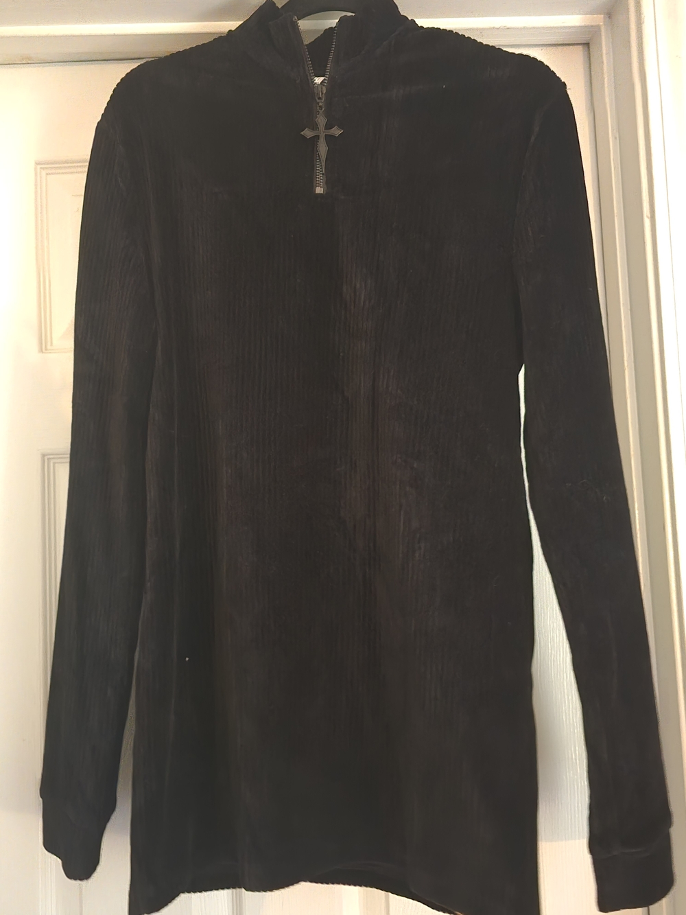 Killstar Black Velvet Ribbed Zip-Up Top with Cross Pull